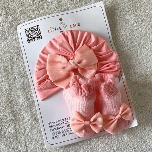 Turban Cap & Socks Set - Peach