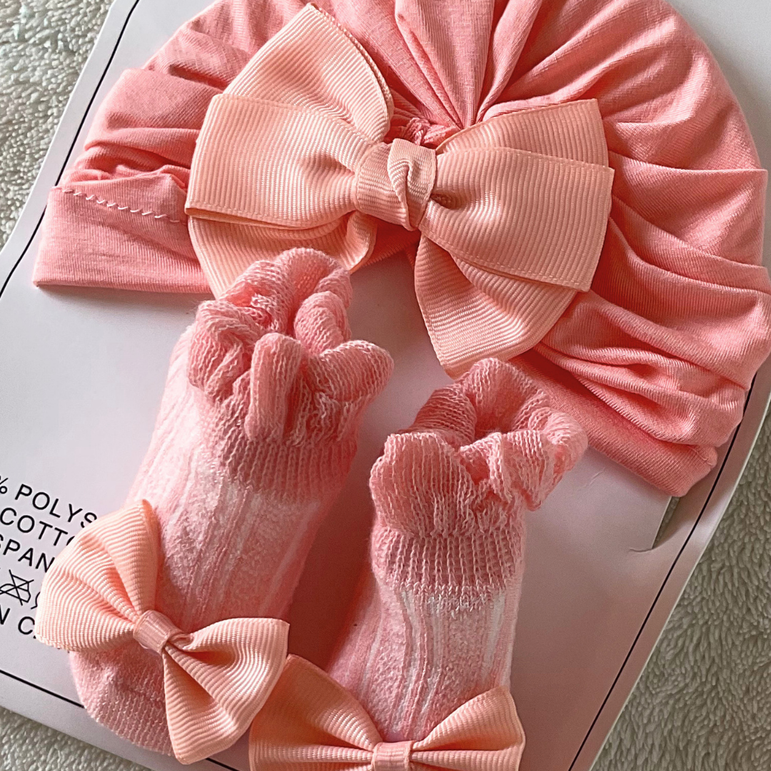 Turban Cap & Socks Set - Peach