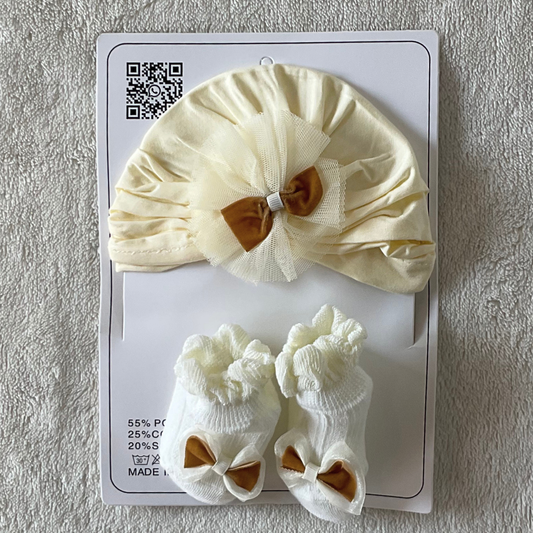 Turban Cap & Socks Set - Cream