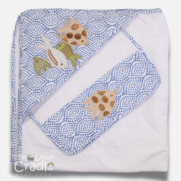 Hooded Towel - Printed Blue with Fish Embroidery