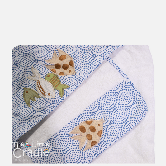 Hooded Towel - Printed Blue with Fish Embroidery