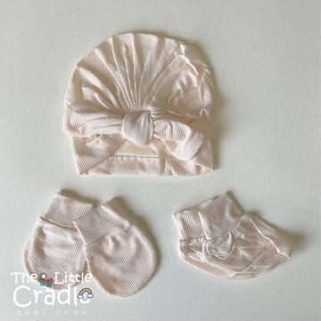 Bow Cap Beanie Set - Beige